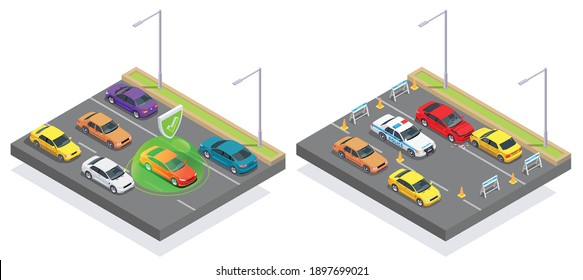 Car ownership usage isometric composition with view of motorway with asphalt lanes and images of cars vector illustration