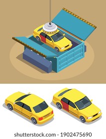 Car ownership usage isometric composition with images of passenger cars with magnet manipulator and storage box vector illustration