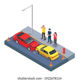 Car ownership usage isometric composition with view of two crashed cars with characters of automobile owners vector illustration