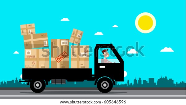 Car with Packages. Delivery Service\
Cartoon. Vector Flat Design\
Illustration.