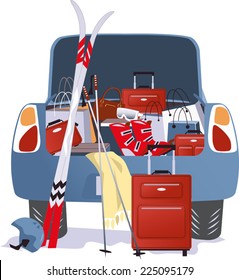 Car packed for a ski trip with bags and sport equipment, vector illustration, EPS 8