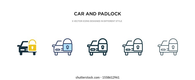 car and padlock icon in different style vector illustration. two colored and black car and padlock vector icons designed in filled, outline, line stroke style can be used for web, mobile, ui
