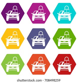 Car with padlock icon set many color hexahedron isolated on white vector illustration