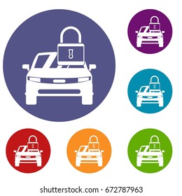 Car with padlock icons set in flat circle red, blue and green color for web
