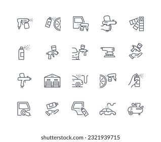 Car paint icons vector outline. Modernization and tuning of vehicle. Automobiloe and transport with spray. Template, layout and mock up. Linear flat collection isolated on white background