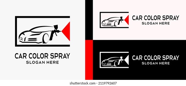 car paint logo design template. silhouette of a paint spray gun with with a car in a box, creative concept. premium vector