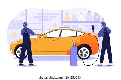Car paint repair service concept. Men update color of vehicle. Employee holds paint sprayer. Professionals will upgrade cars. Cartoon modern flat vector illustration isolated on white background