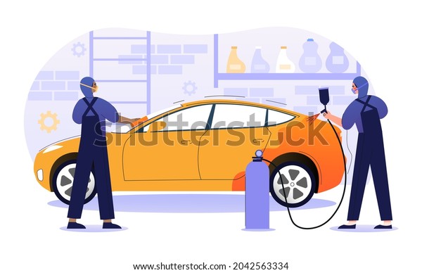 Car paint repair service concept. Men update\
color of vehicle. Employee holds paint sprayer. Professionals will\
upgrade cars. Cartoon modern flat vector illustration isolated on\
white background