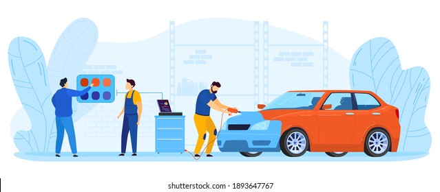 Car Paint Repair Service Vector Illustration. Cartoon Flat Painter Repairman Character Working With Sprayer Equipment, Painting Auto Body In Color Chosen By Driver, Car Workshop Isolated On White