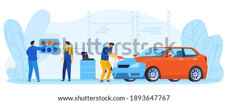 Car paint repair service vector illustration. Cartoon flat painter repairman character working with sprayer equipment, painting auto body in color chosen by driver, car workshop isolated on white