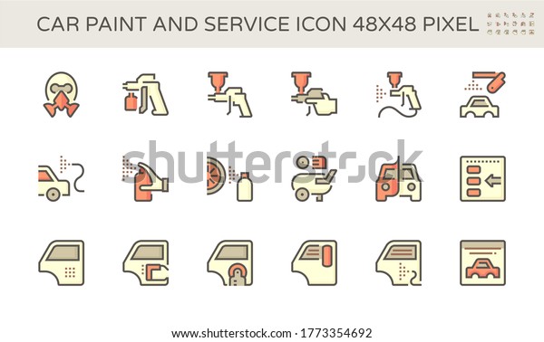 Car paint service icon such\
as car body paint spray, color repair, car wrapping foil, and paint\
tool vector icon set design, 48X48 pixel perfect and editable\
stroke.