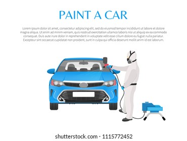 Car paint service promotion with man in protective clothing that holds spray and stands near vehicle. Tuning company commercial vector illustration.