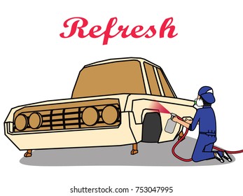 Car paint service. Worker changing a color of car. flat vector illustration concept.
