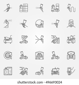Car Painting Icons Set. Vector Linear Car Or Auto Paint Symbols In Thin Line Style