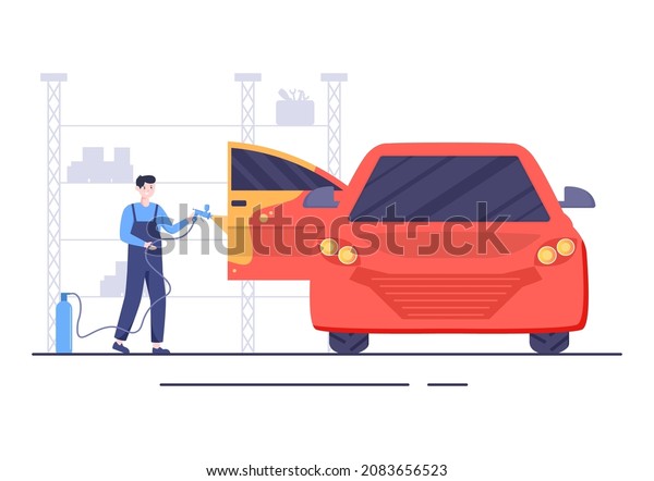 Car Painting Machine with Equipment a Paint,
Airbrush or Spray Gun to the Vehicle Body for Give it a New Color
in Flat Vector
Illustration