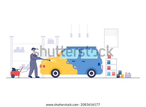 Car Painting Machine with Equipment a Paint,
Airbrush or Spray Gun to the Vehicle Body for Give it a New Color
in Flat Vector
Illustration