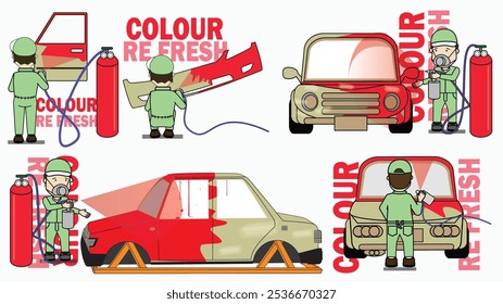 Processo de Pintura de Carros: Um guia passo a passo para um processo de pintura de carros, ilustrado com um conjunto de quatro imagens vibrantes de desenhos animados com um carro, um pintor e latas de pintura por spray.