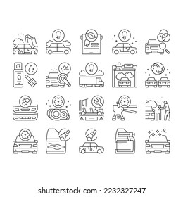 Car Painting Service Collection Icons Set Vector. Car Painting And Fixing, Plastic Bumper Repair And Paint, Headlight Restoration And Clear Coating Black Contour Illustrations