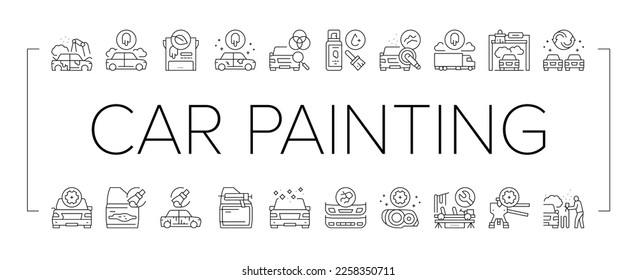 Vector de conjunto de iconos de colección de servicios de pintura de coches. Pintura Y Fijación De Coches, Reparación Y Pintura De Parachoques Plásticos, Restauración De Faros E Ilustraciones Claras De Contorno Negro De Cubierta