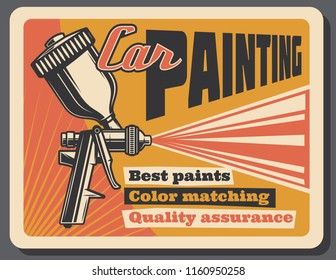 Car Painting Service Retro Poster For Garage Station Or Mechanics Repair. Vector Vintage Design Of Paint Jet Sprayer Or Pulverizer For Automobile Color Quality Renovation