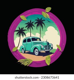 car and palm trees on the beach illustration design