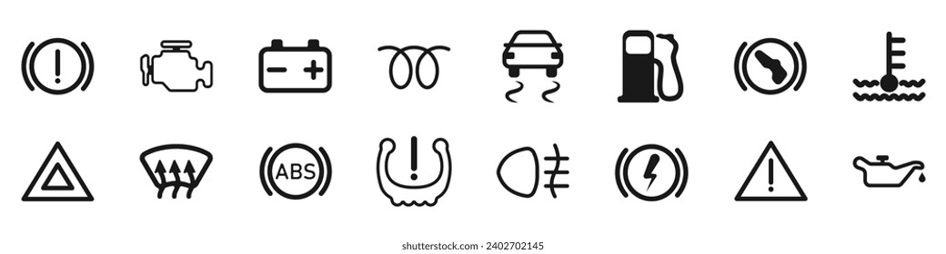 Car panel indication icon set vector. Car control panel symbols. Black car dashboard icons. Indication of car breakdown, malfunction, warning symbol.