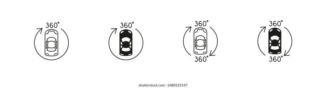 Iconos de la cámara de visión panorámica del coche. Conjunto de iconos de leva de vista completa de automóvil.