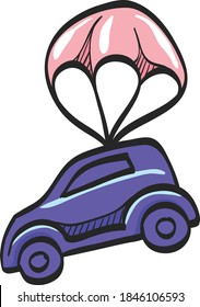 Icono de paracaídas de auto en dibujo a color. Transporte de inversiones para protección de seguros