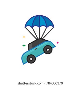 Car parachute icon in outlined flat color style. Vector illustration.