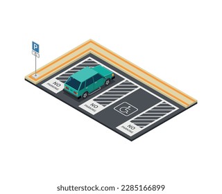 Car park area with parked automobile and no parking zones isometric 3d vector illustration