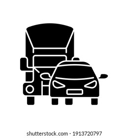 Car Park Black Glyph Icon. Groups Of Motor Vehicles Owned Or Leased By Someone. Fleet Vehicles Examples. Special Automobiles For Service. Silhouette Symbol On White Space. Vector Isolated Illustration