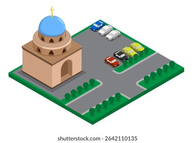 Car park near the city mosque building. Gathering of local residents for regular evening prayers at a local Muslim temple. Aerial view 3D vector isolated on white background