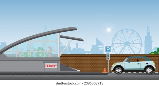 Car park near the entrance gate the subway station. Vending machine meter of car parking, Urban city transportation, public transport infrastructure, vector illustration.