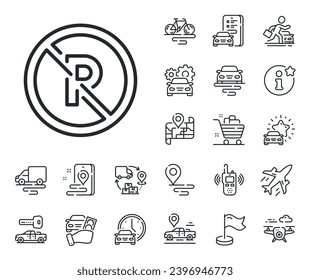 No se permite la señal del aparcamiento. Iconos de esquema de plano, cadena de suministro y ubicación de sitio. No hay icono de la línea de estacionamiento. Símbolo de garaje de transporte. No hay señal de la línea de estacionamiento. Transporte de taxis, alquiler de un icono de bicicleta. Vector