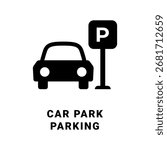 Car park with a parking sign solid flat vector icon showing a car parked next to a P sign.
