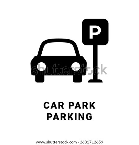 Car park with a parking sign solid flat vector icon showing a car parked next to a P sign.