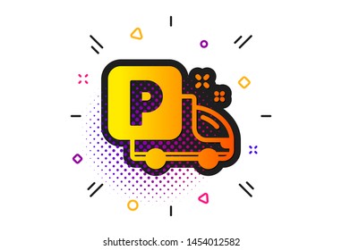 Car park sign. Halftone circles pattern. Truck parking icon. Transport place symbol. Classic flat truck parking icon. Vector