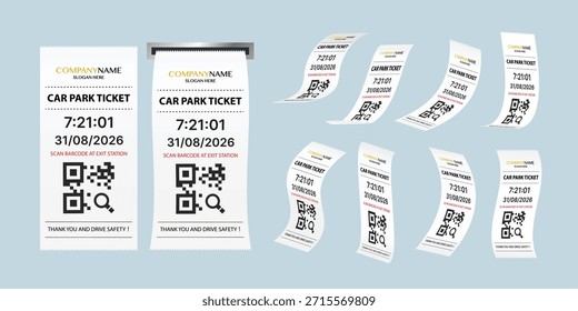 Juego de maquetas de boletos de estacionamiento: Comprobante de estacionamiento con código QR, hora y fecha, Plantillas de boletos de papel 3D en frente, vistas flotantes y curvas, Ilustración vectorial imprimible
