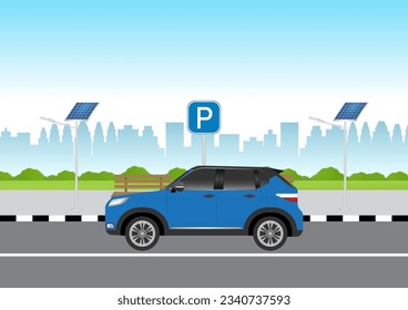 Car Parked along Street. Car Parking Space in the City. Vector Illustration.