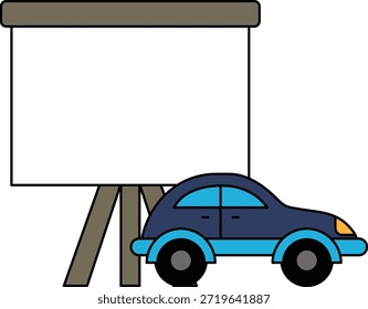 Hay un coche aparcado delante de una pantalla de proyector. El coche es un Pequeño hatchback con un esquema de color blanco y negro. La pantalla del proyector es Grande y rectangular, y se coloca en un soporte