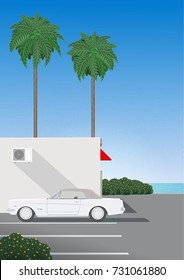Car parked in front of the shop. Retro style poster. Vector illustration.