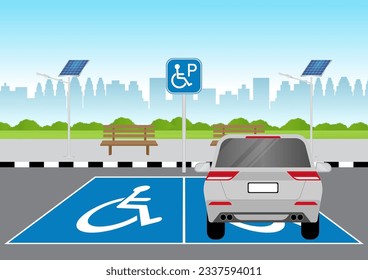 Car Parked at Handicapped Parking Area. Disabled Parking Space. Wheelchair Parking Space for Disabled People. Vector Illustration. 