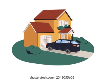 Car parked at house. Outside of home building with closed garage and auto transport. Dwelling, automobile outdoors. Real estate, property. Flat vector illustration isolated on white background