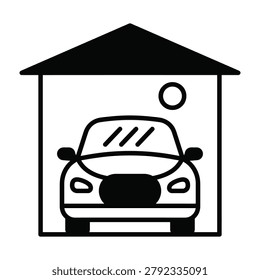 Car parked inside garage building outline icon with automobile building transportation transport architecture