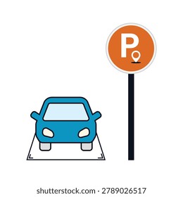 Car parked inside parking lot space icon with sign transportation automotive