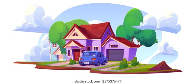 Car parked near house with green garden isolated on white. Vector cartoon illustration of nice cottage with trees in backyard, modern auto in suburban town, clouds in sky, private real estate property