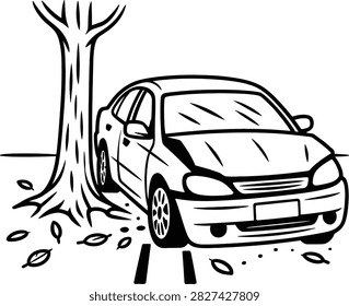 Car parked next to fallen tree with scattered leaves illustration
