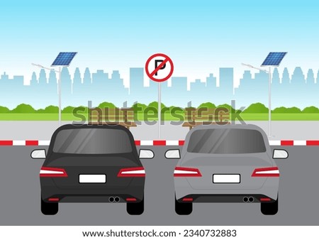 Car Parked in No Parking Area or Prohibited Area. Car Break the Rule in Prohibited Area. Traffic rules. Vector Illustration. 