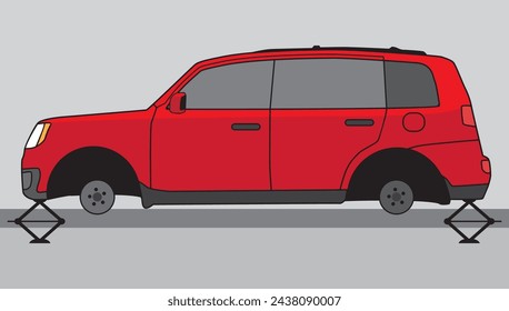 A car parked on a city street has had it's tires and wheels stolen