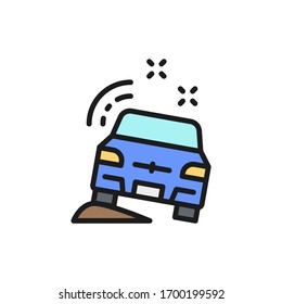 Car parked on roadside flat color line icon.